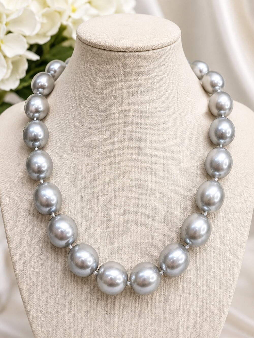 LES BERNARD Gray Faux Pearl Statement Necklace 20" Signed Vintage